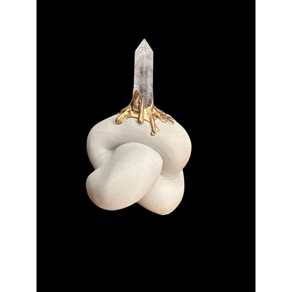 Modern concrete knot bookend w/natural quartz point 3D gold drip in grey